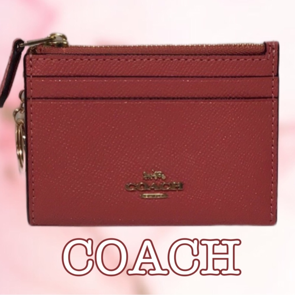 NWOT COACH Mini Skinny ID/Card Case with Key Ring, Leather, Coral